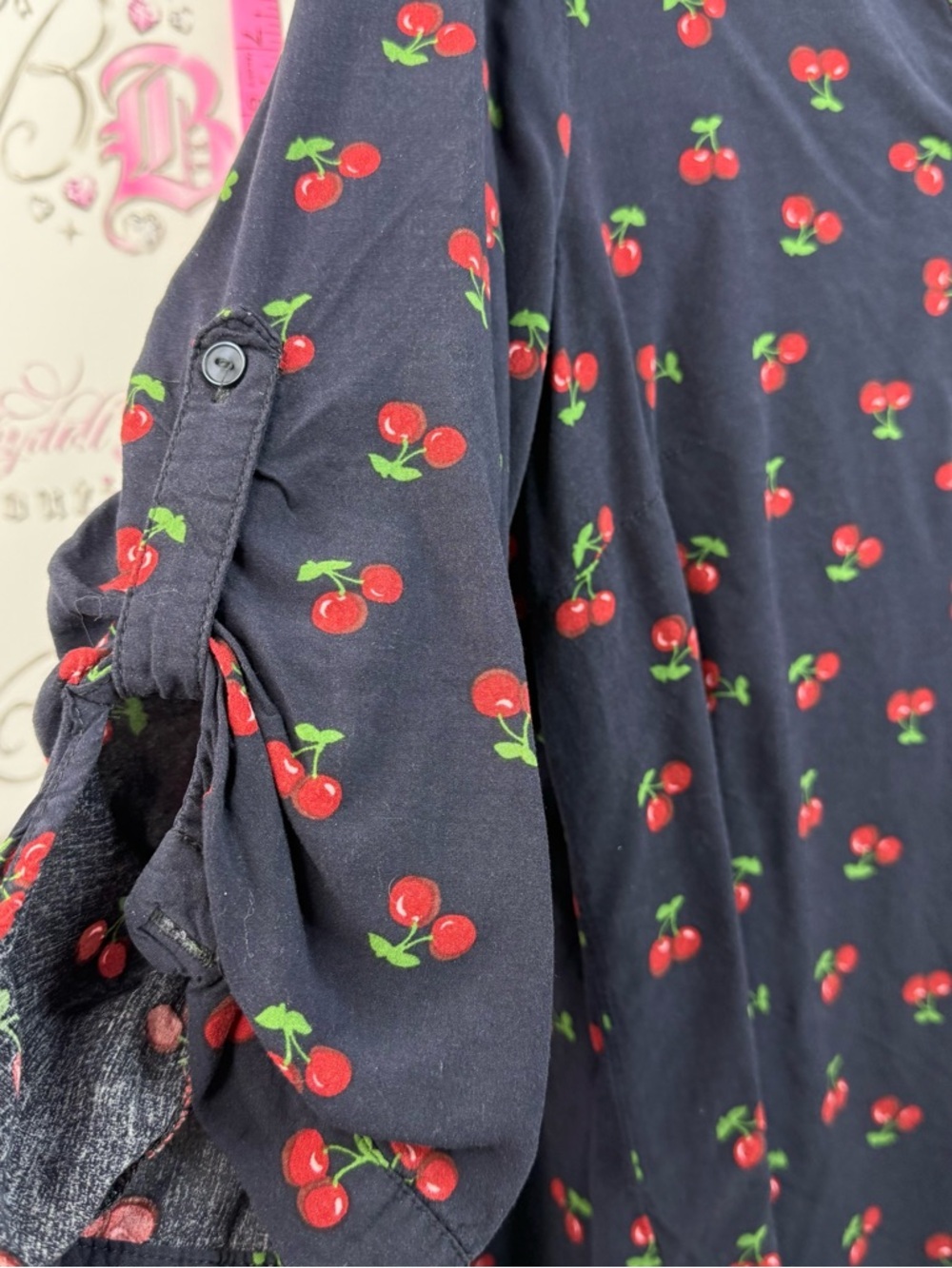 mandee blouse cherries 🍒 printed flowy shirt Navy Blouse with Red Cherry Print - Picture 7 of 11